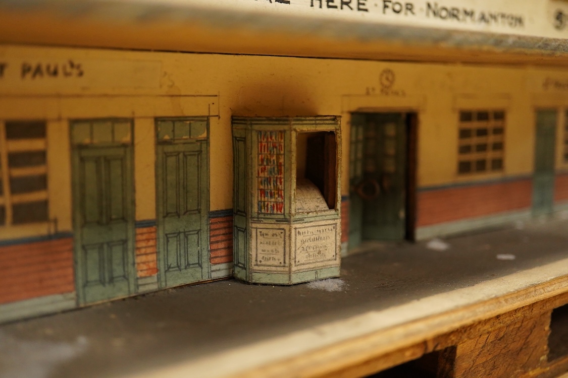 Eleven 0 gauge railway wooden freight wagons, wooden bodies and most possibly kit built using Bonds etc. parts, including a Leeds bogie mineral wagon, together with two kit or scratchbuilt wooden London Underground stati